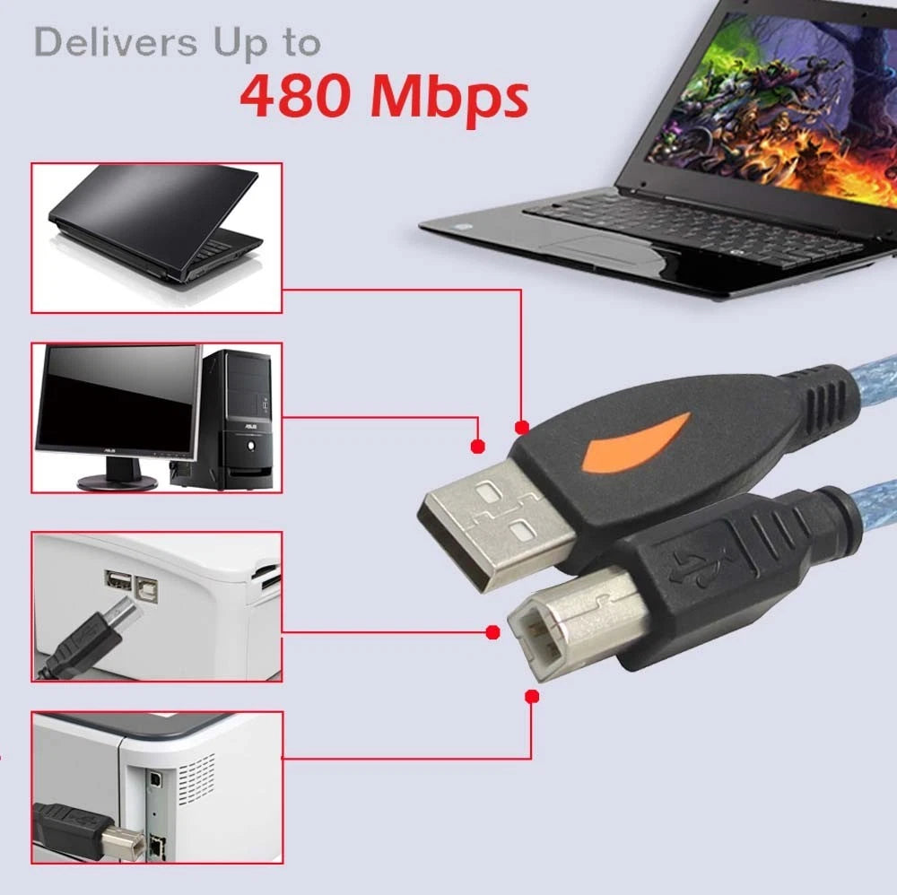 Long 5m Blue Shielded USB Printer Cable for HP DeskJet Envy OfficeJet Printers