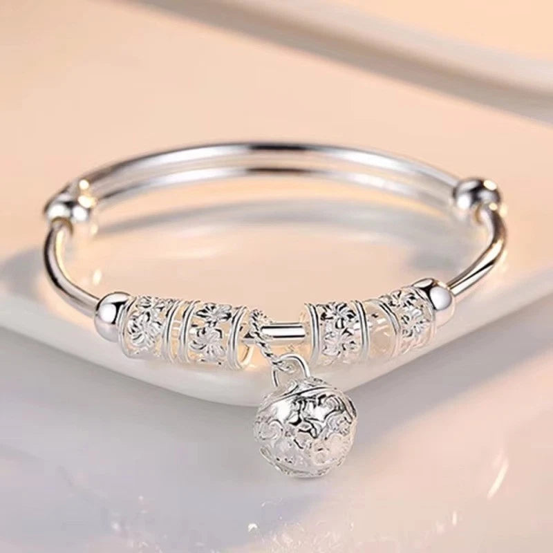 925 Sterling Silver Hollow Bell Bangle – Adjustable Bracelet for Women