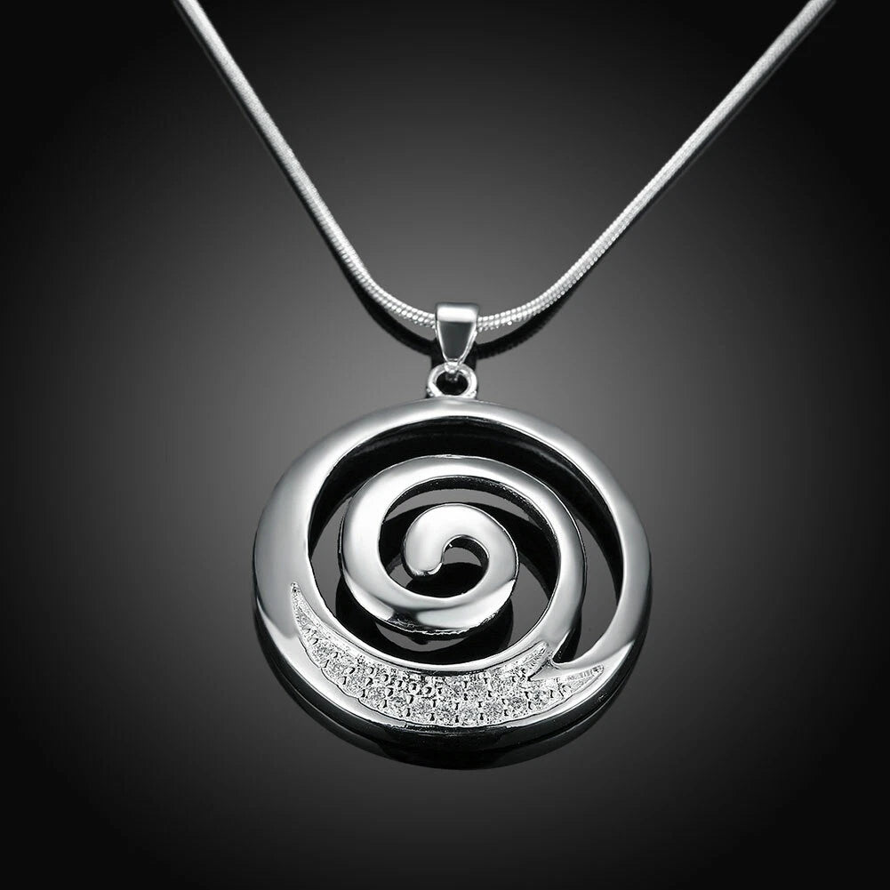Stunning New 925 Sterling Silver Filled Spiral Pendant Necklace With Zircon