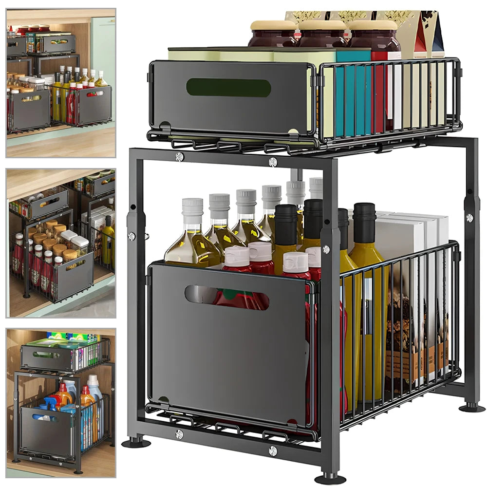 Large 2 Tier Pull Out Basket Kitchen Under Sink Cupboard Organiser Storage Rack