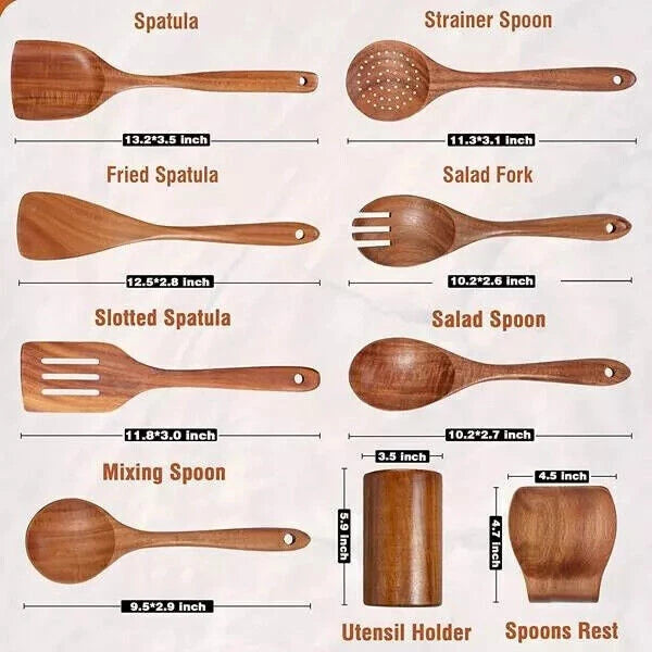 Natural Wooden Kitchen Utensil with Spoon Rest Holder 9pcs Cooking Spoon Set