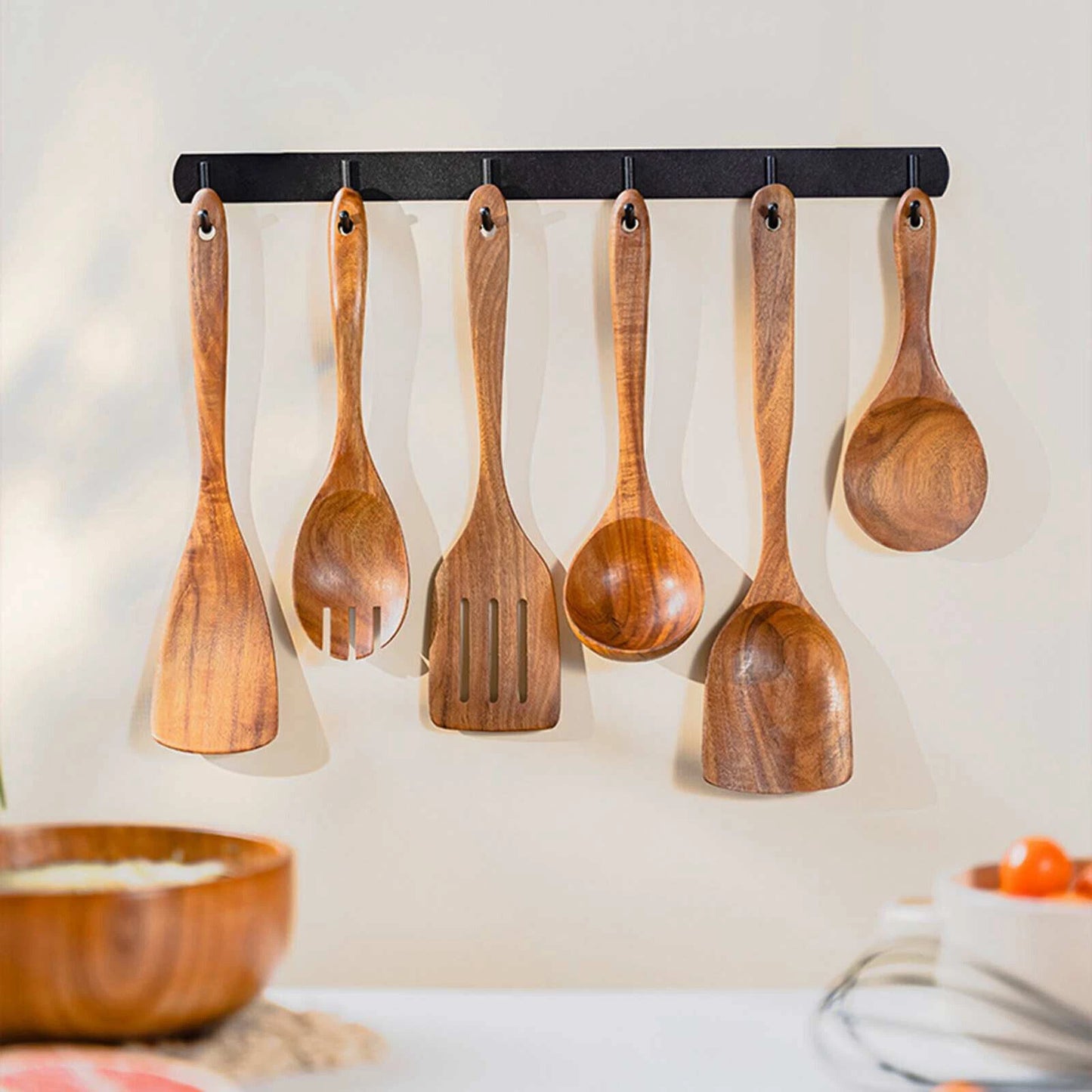 Natural Wooden Kitchen Utensil with Spoon Rest Holder 9pcs Cooking Spoon Set
