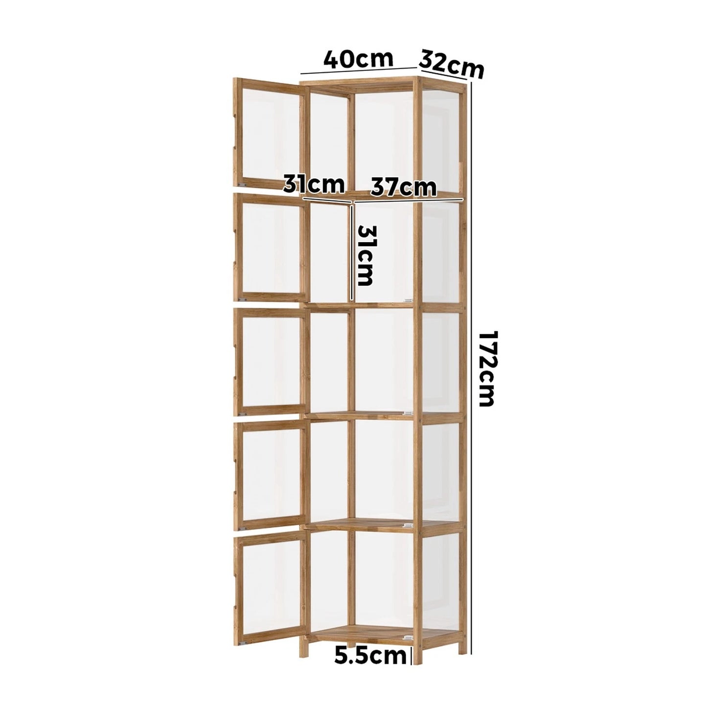 Oikiture Display Cabinet 5-Tier Slim Storage Shelves Clear Bookcase Rack
