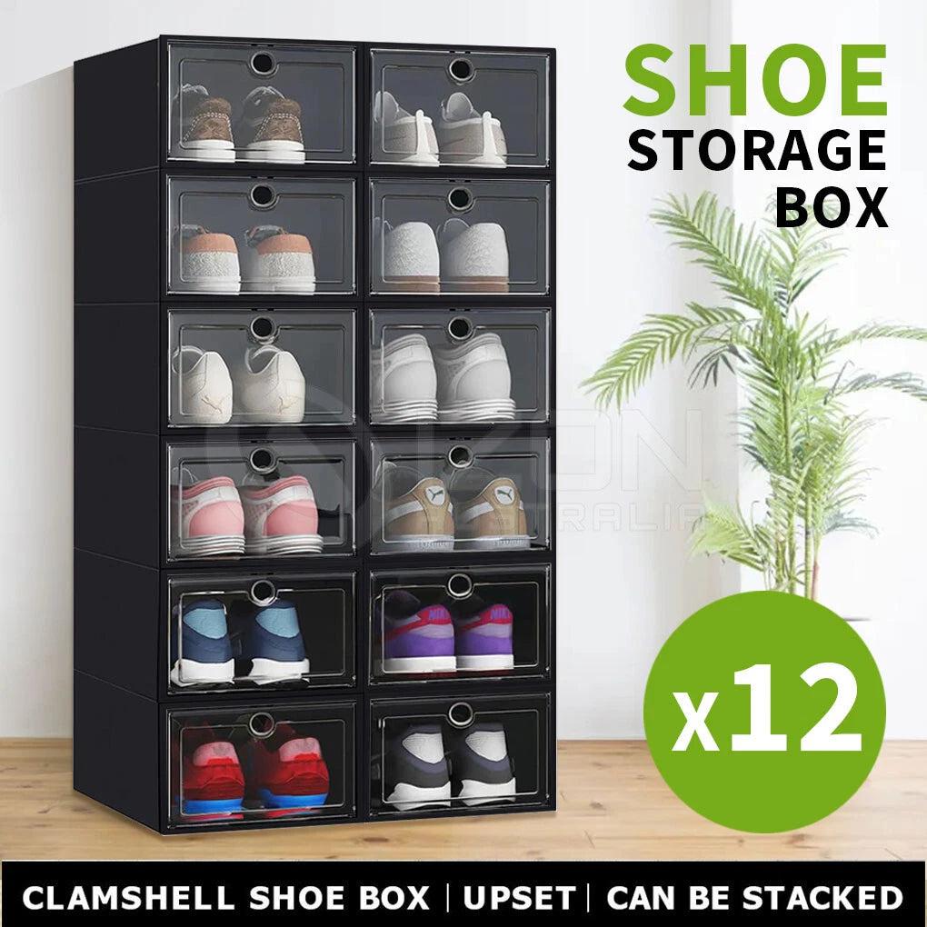 12Pcs Shoe Box Storage Case Clear Boxes Foldable Stackable Transparent Organizer
