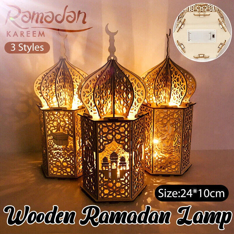 Eid Mubarak Muslim Led Night Lamp Ramadan Decoration Light Wooden Lantern Gift