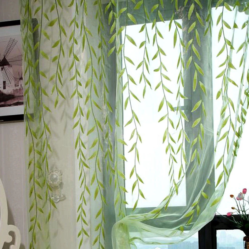 Willow Twigs Voile Sheer Door Window Curtain Drape Green Wall Decor