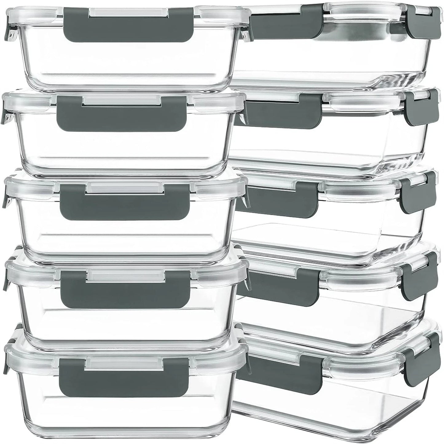 10PCS Pack Glass Food Storage Containers With Lids Airtight Leak Meal Prep Glass