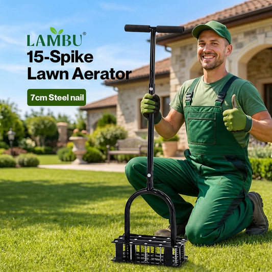 Lambu Lawn Aerator 15-Spike Manual Garden Scarifier Tool Carbon Steel Black