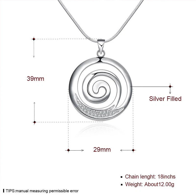 Stunning New 925 Sterling Silver Filled Spiral Pendant Necklace With Zircon