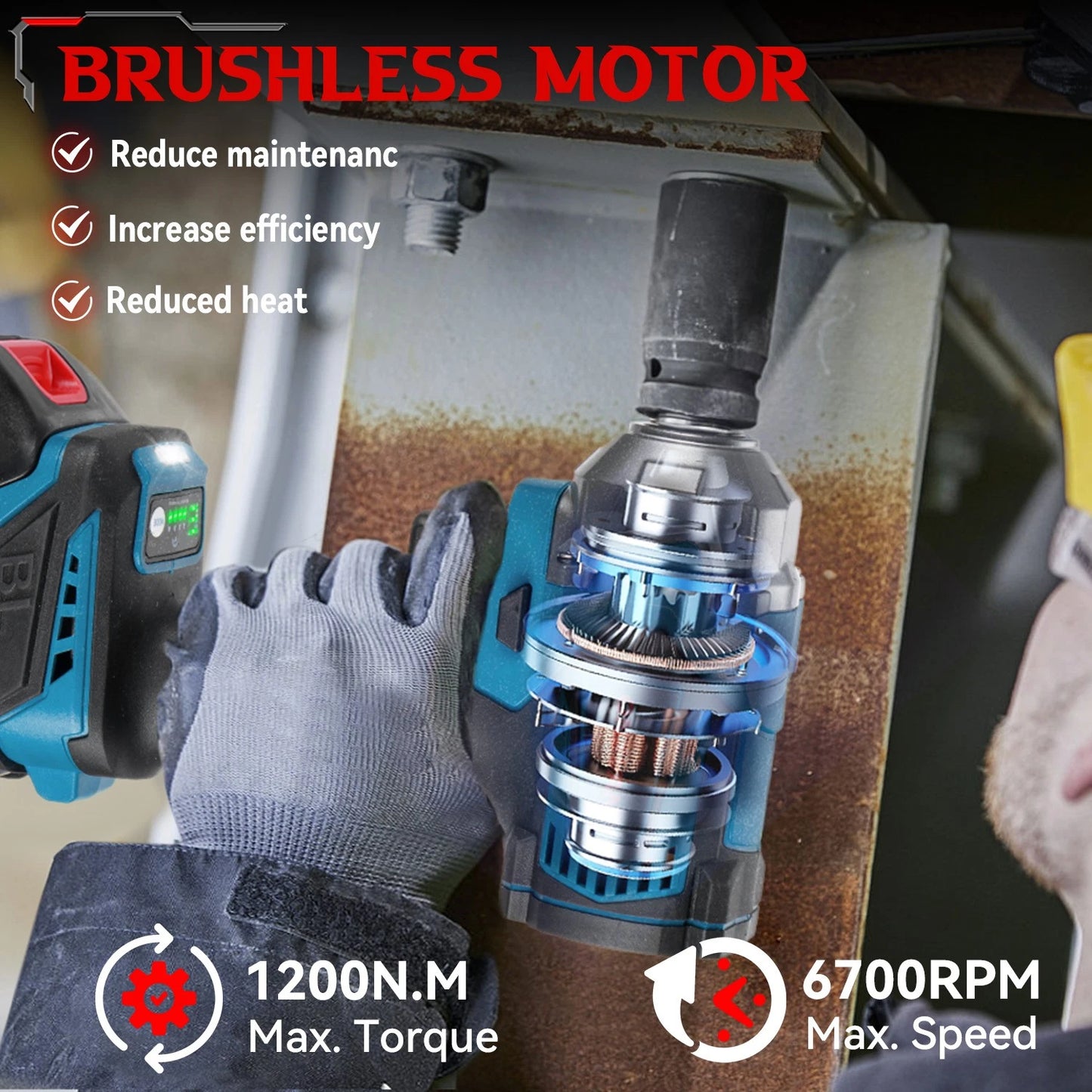 2000NM Cordless Impact Wrench Electric Brushless Rattle Gun w/2 Battery+Case Set