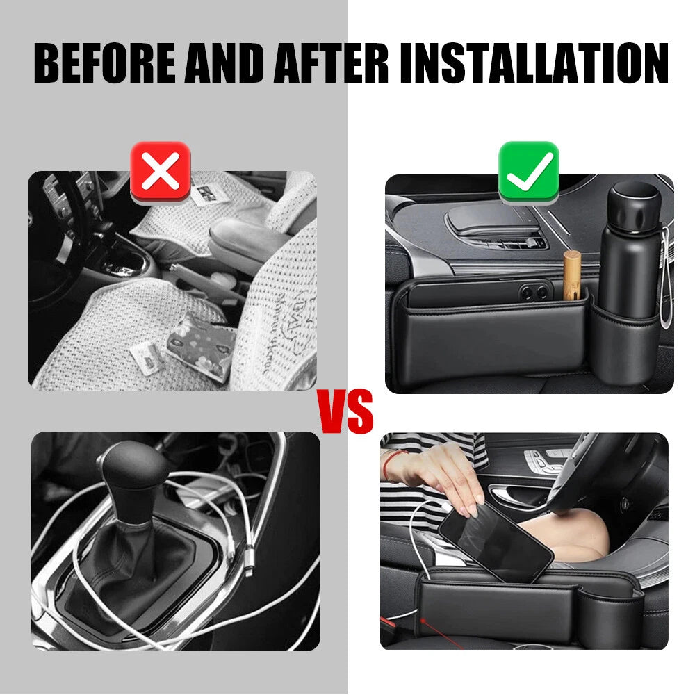 2 Pack Universal Car Seat Gap Filler Organizer Leather Storage Box w/ Cup Holder