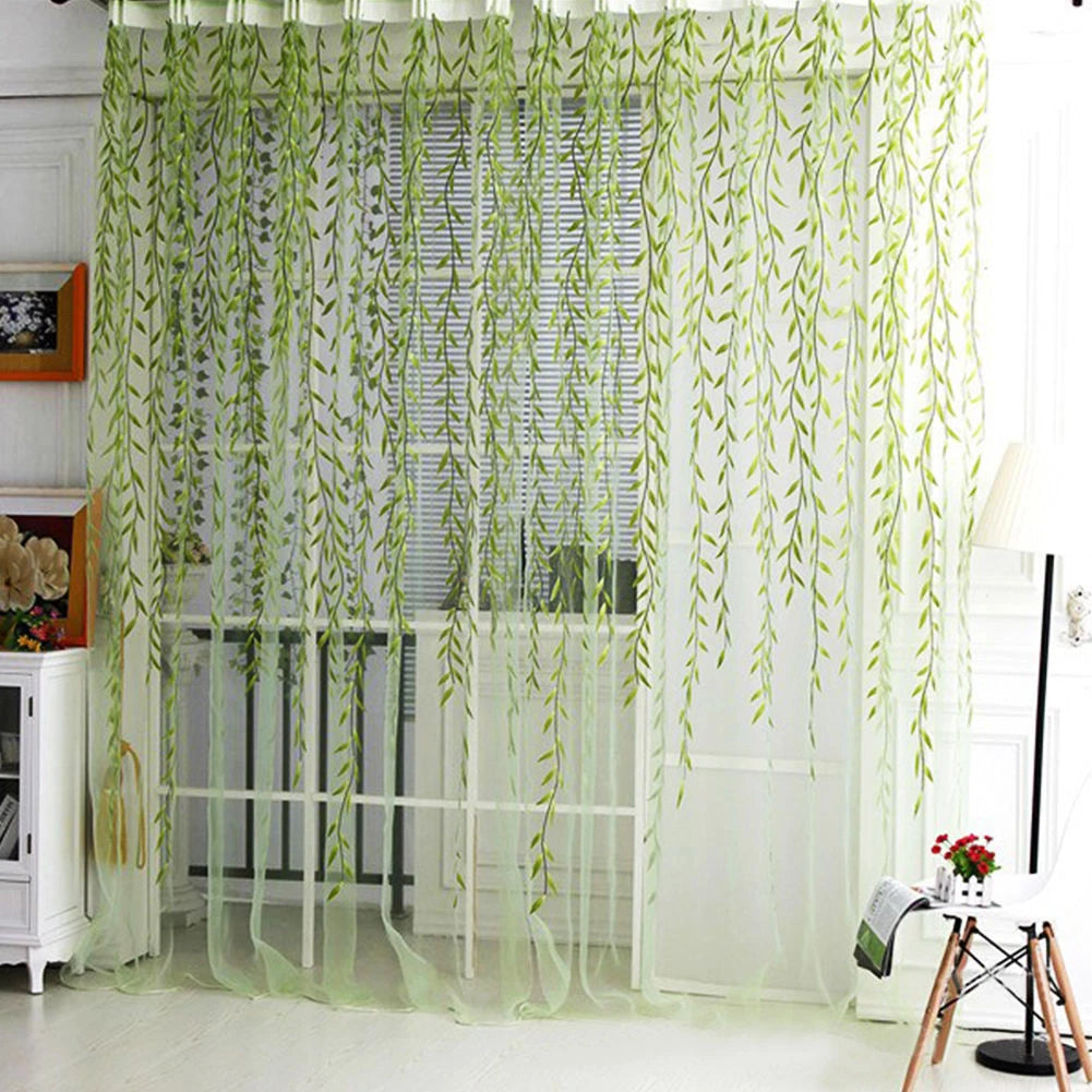 Willow Twigs Voile Sheer Door Window Curtain Drape Green Wall Decor