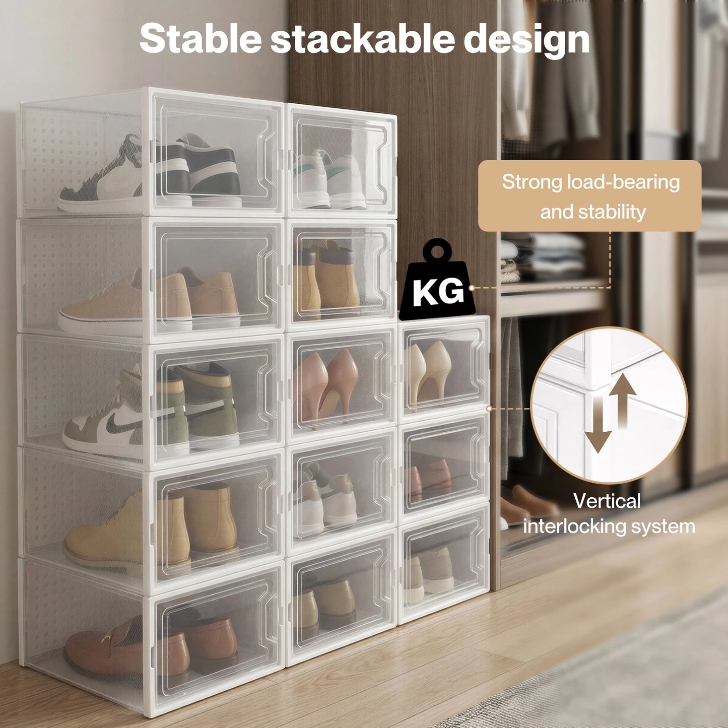 Stacked Shoe Rack Storage Boxes 12 Pcs Stackable Clear Plastic Display Cases