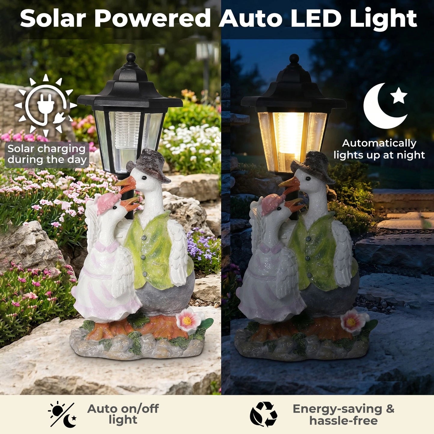 Emitto Duck Statue Solar Light Garden Resin White Green Pink