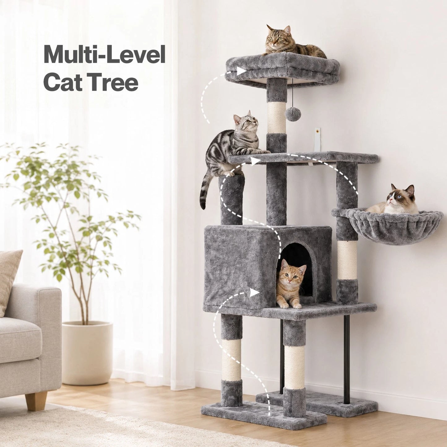 Pawz Cat Tree Cat Tower Multi-Level Cat Bed with Condo 125cm Plush Gray