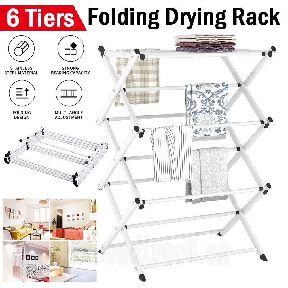 6 Tiers Foldable Garment Hanger Clothes Airer Drying Rack Laundry Support Horse