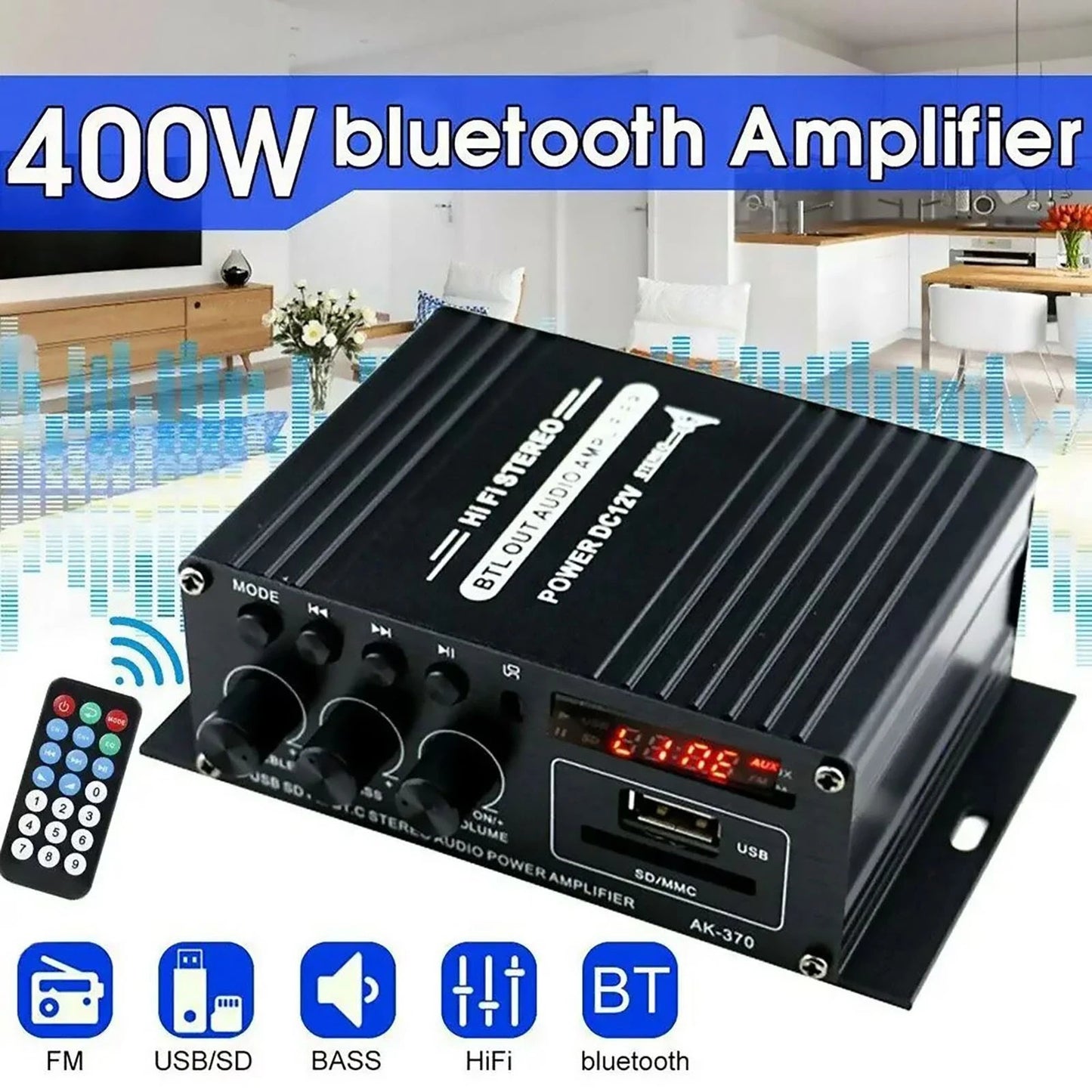 12V HiFi Bluetooth Power Amplifier Mini Stereo Audio FM Car Home AMP Remote 400W