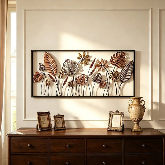Metal Leaf Wall Art Hanging Framed Sculpture Vintage Home Indoor Outdoor Decor
