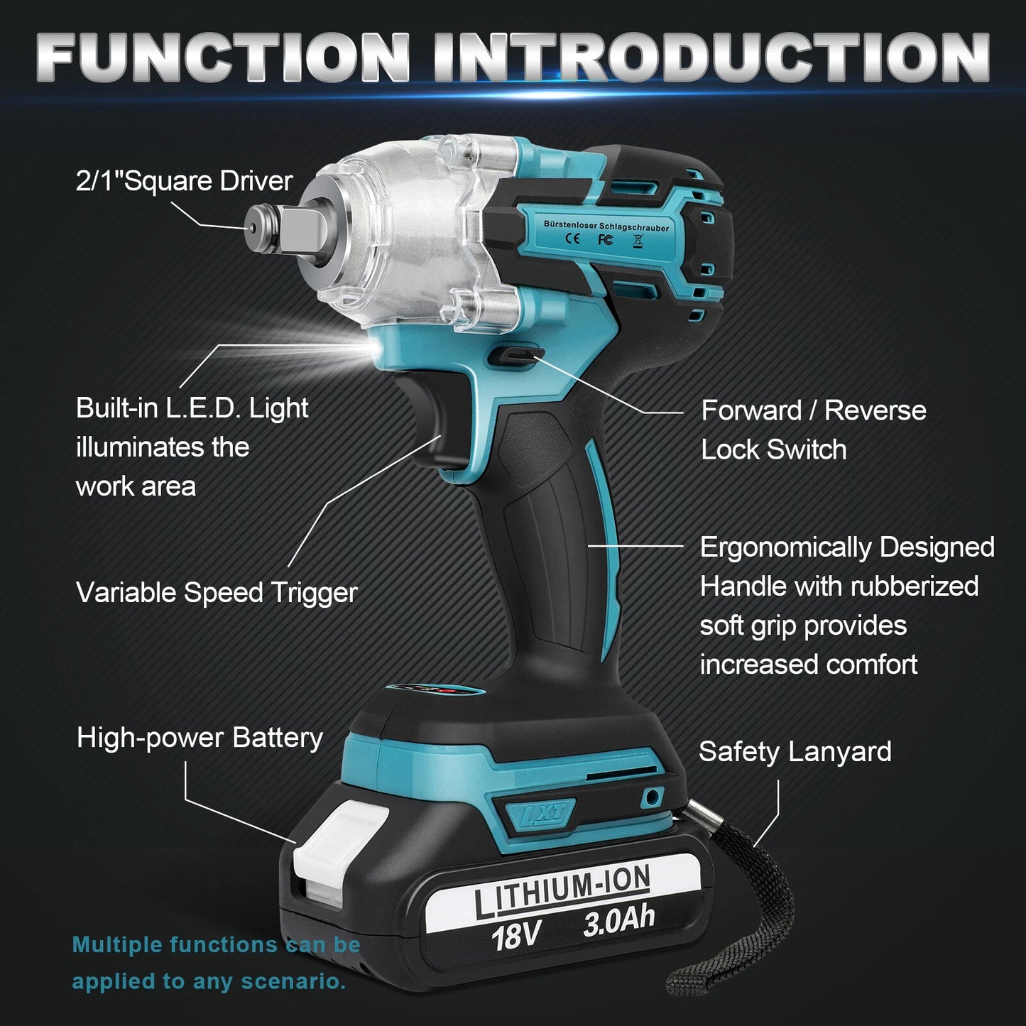 1/2" Electric Wrench Cordless Brushless Impact Rattle Gun Drill Kit + 2x Battery