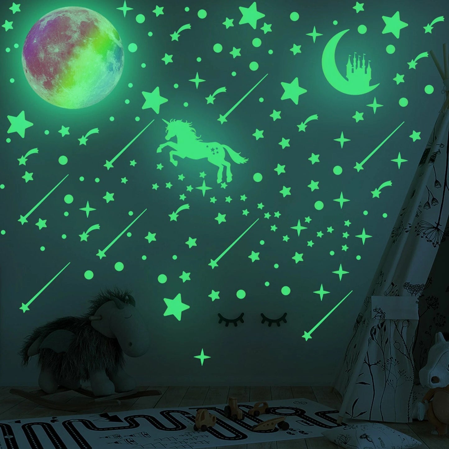 297pcs Glow In The Dark Rainbow Moon Stars  Unicorn Wall Sticker Kids Room Decor