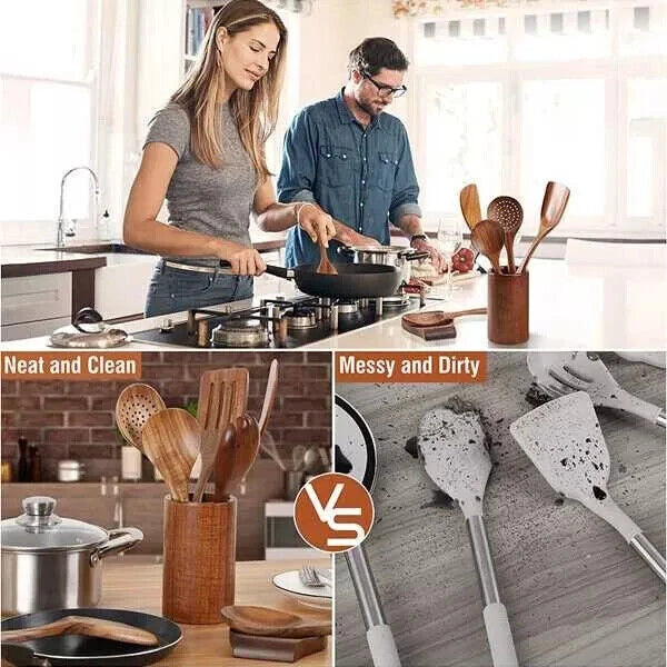Natural Wooden Kitchen Utensil with Spoon Rest Holder 9pcs Cooking Spoon Set