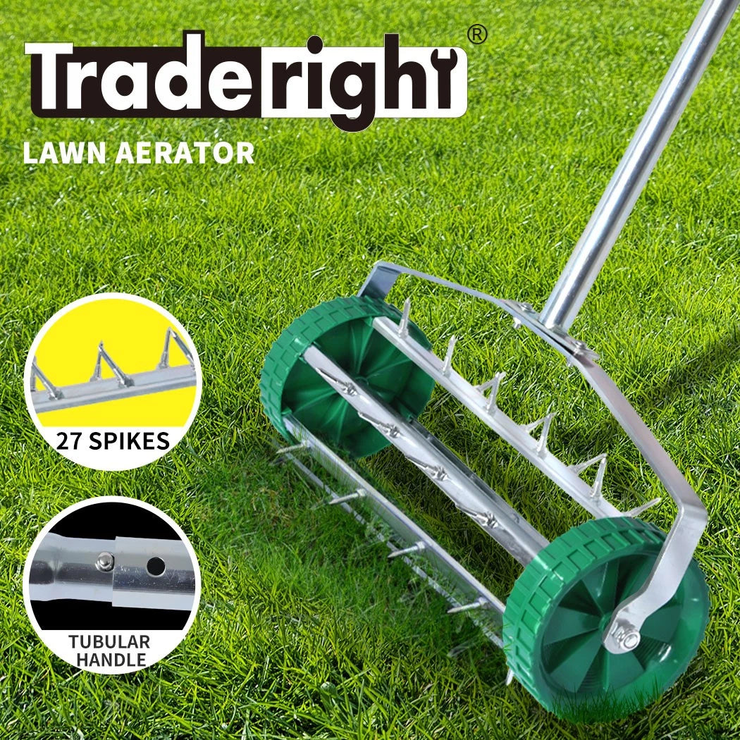 Lawn Aerator Roller Heavy Duty Garden w/ Metal Handle 27 Soil Penetrating Spikes