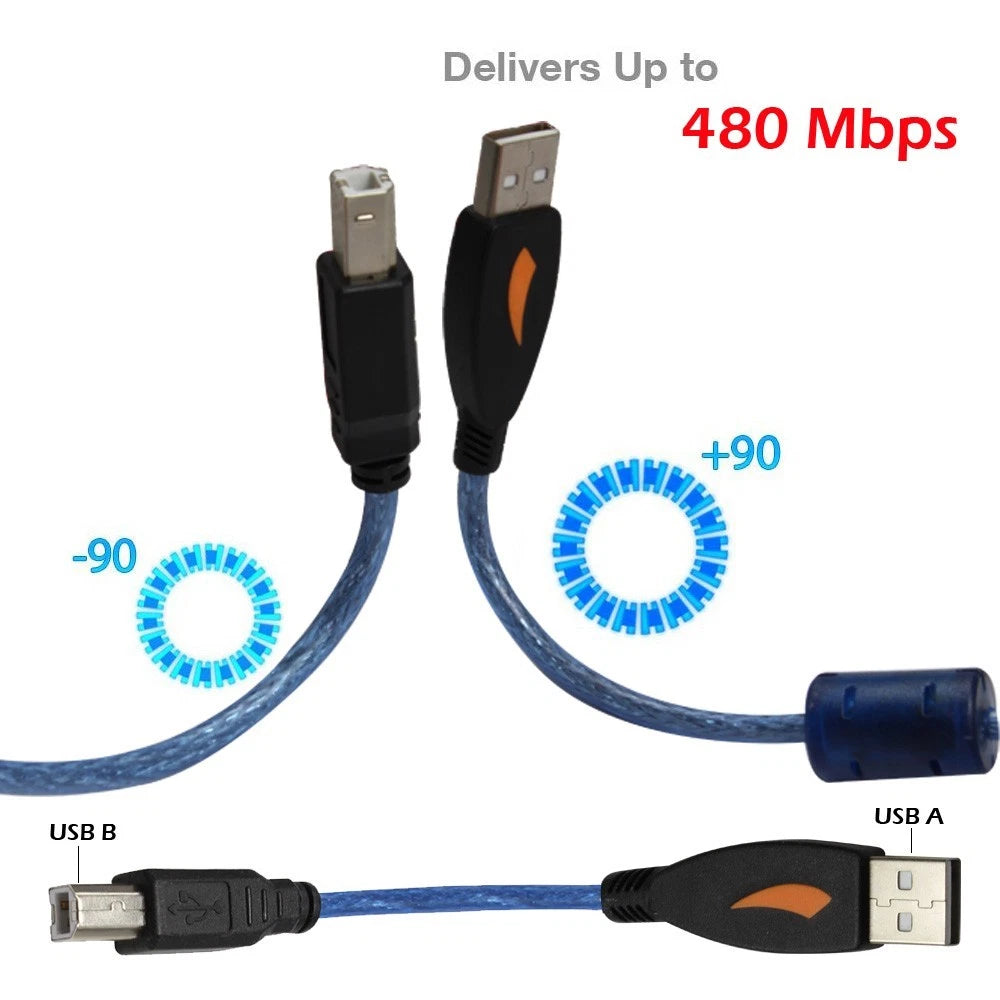 Long 5m Blue Shielded USB Printer Cable for HP DeskJet Envy OfficeJet Printers