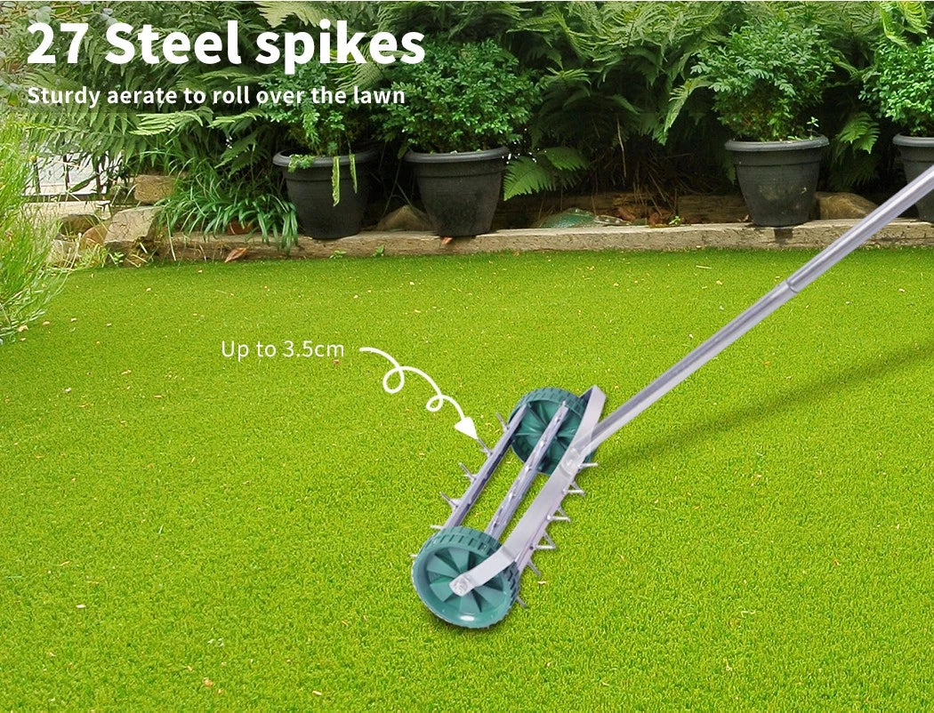 Lawn Aerator Roller Heavy Duty Garden w/ Metal Handle 27 Soil Penetrating Spikes