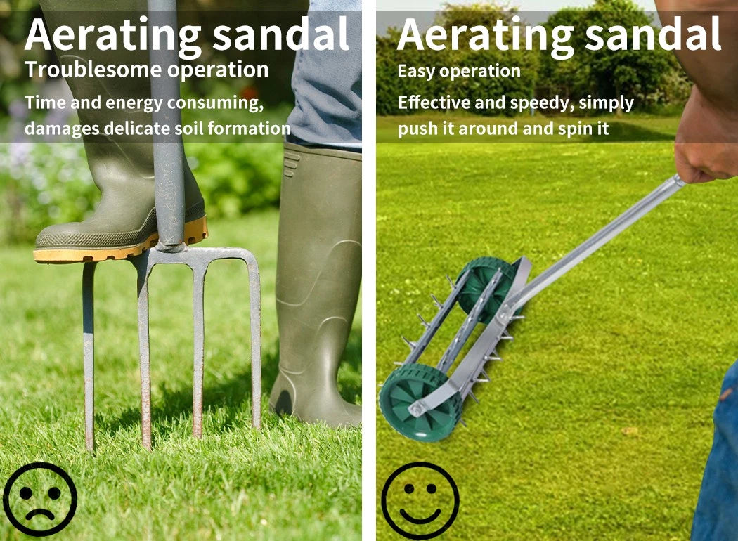 Lawn Aerator Roller Heavy Duty Garden w/ Metal Handle 27 Soil Penetrating Spikes