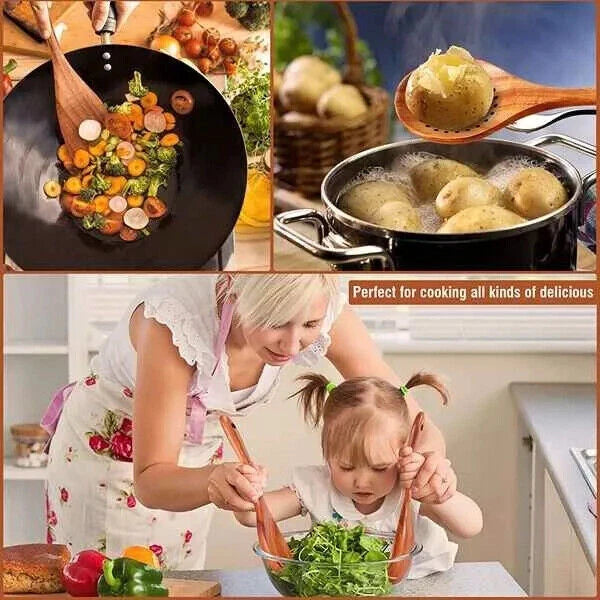 Natural Wooden Kitchen Utensil with Spoon Rest Holder 9pcs Cooking Spoon Set