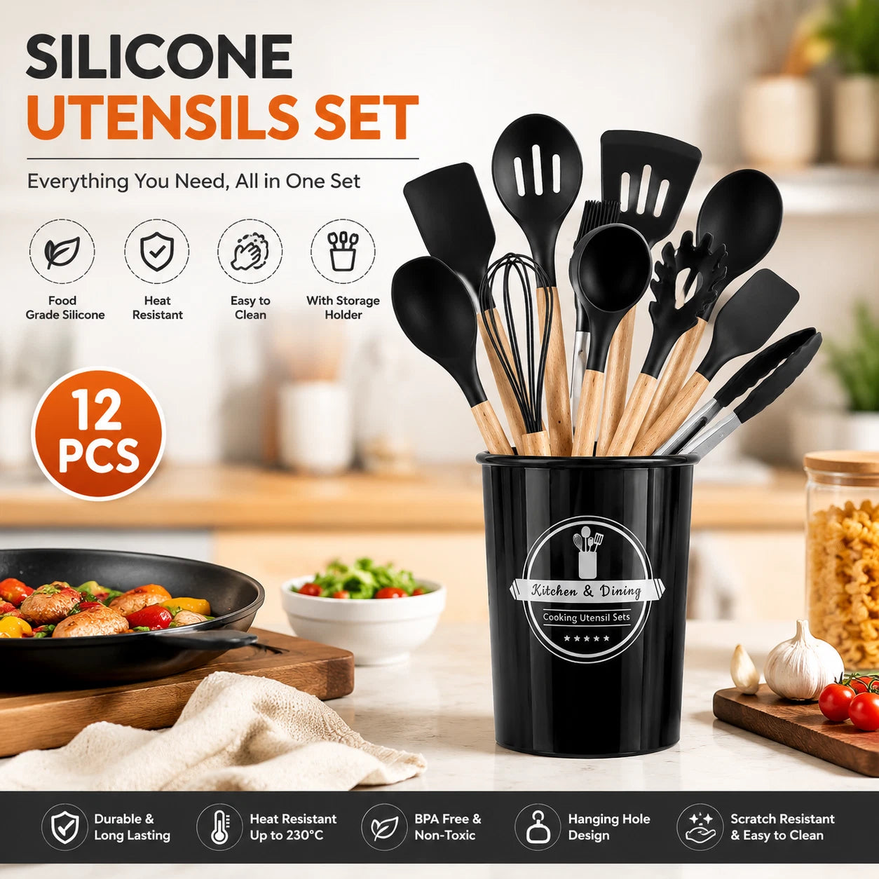 Set of 12 Silicone Utensils Set Wooden Cooking Kitchen Baking Cookware +2 Free