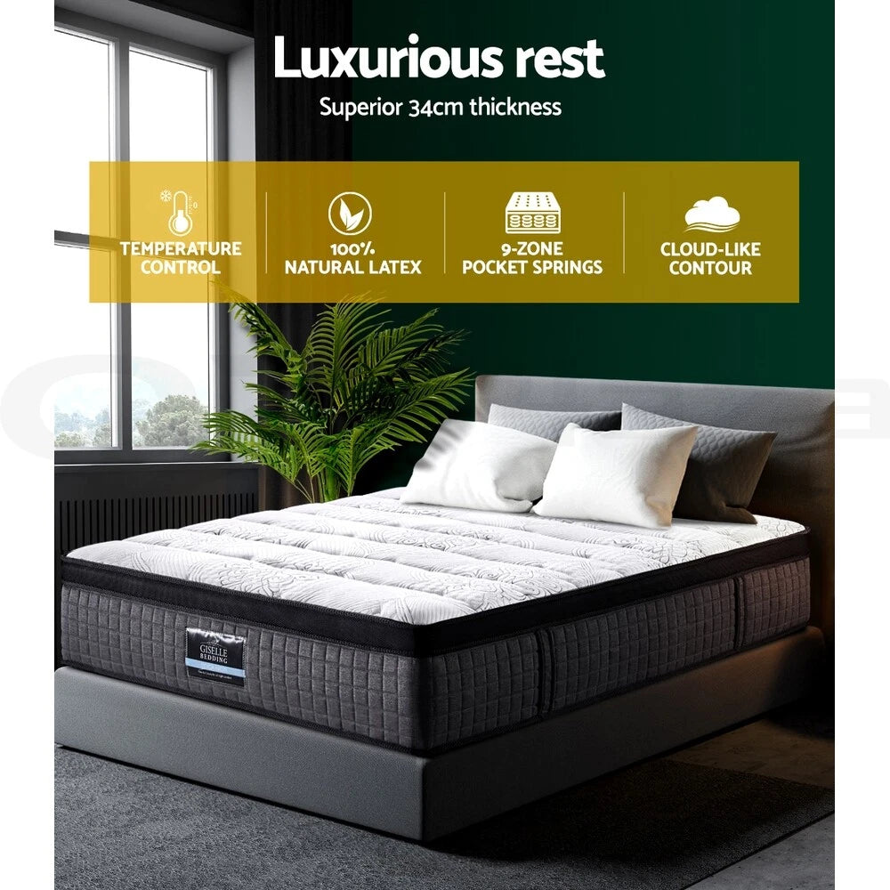 Giselle Mattress 9 Zone Queen Pocket Spring Latex Foam Medium Firm 34cm ALL SIZE