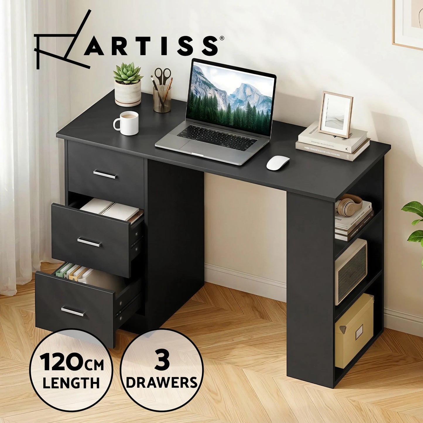 Artiss Computer Desk Drawer Shelf Home Office Study Table Black 120CM
