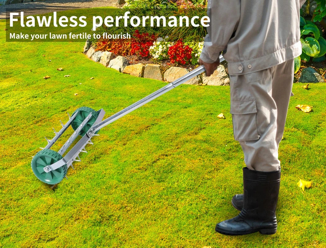 Lawn Aerator Roller Heavy Duty Garden w/ Metal Handle 27 Soil Penetrating Spikes