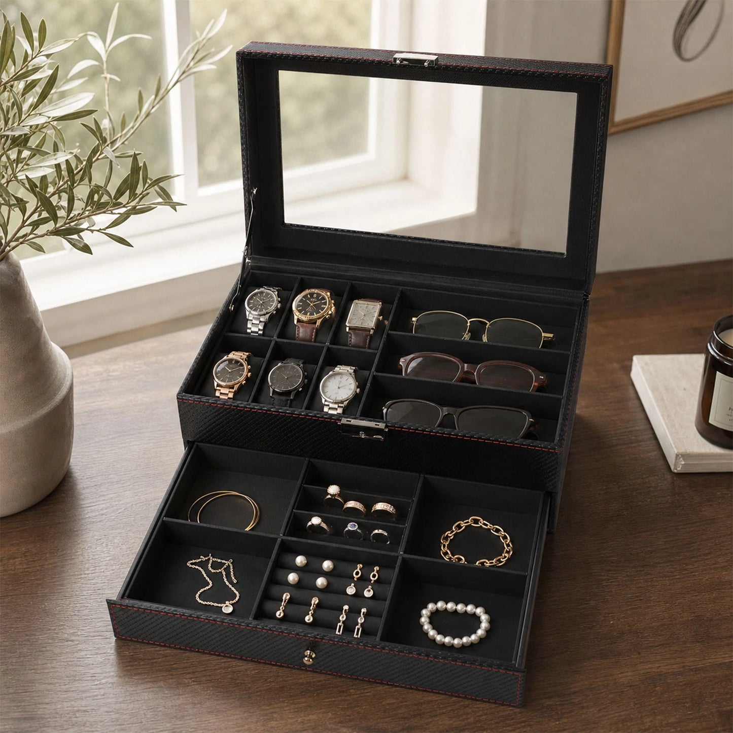 Watch Box 6 Slot Watch Case Jewelry Box PU Leather with Drawer Black