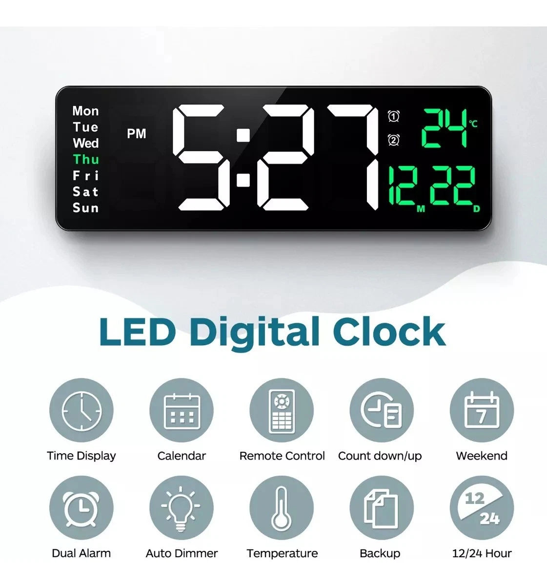 16" Digital Large Big Jumbo LED Wall Desk Clock Display W/Calendar Temperature