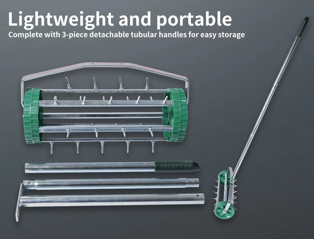 Lawn Aerator Roller Heavy Duty Garden w/ Metal Handle 27 Soil Penetrating Spikes