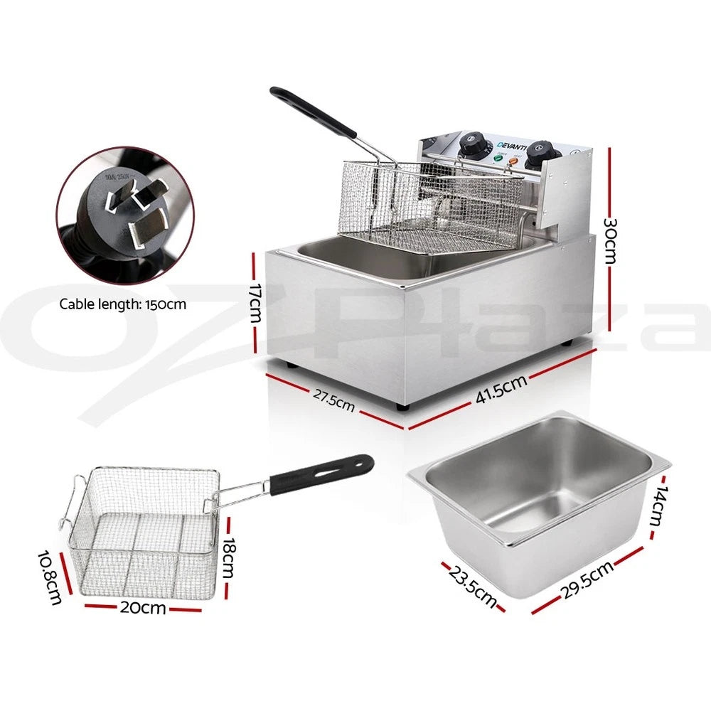 Devanti Commercial Electric Deep Fryer 10L Basket Chip Cooker Stainless Steel