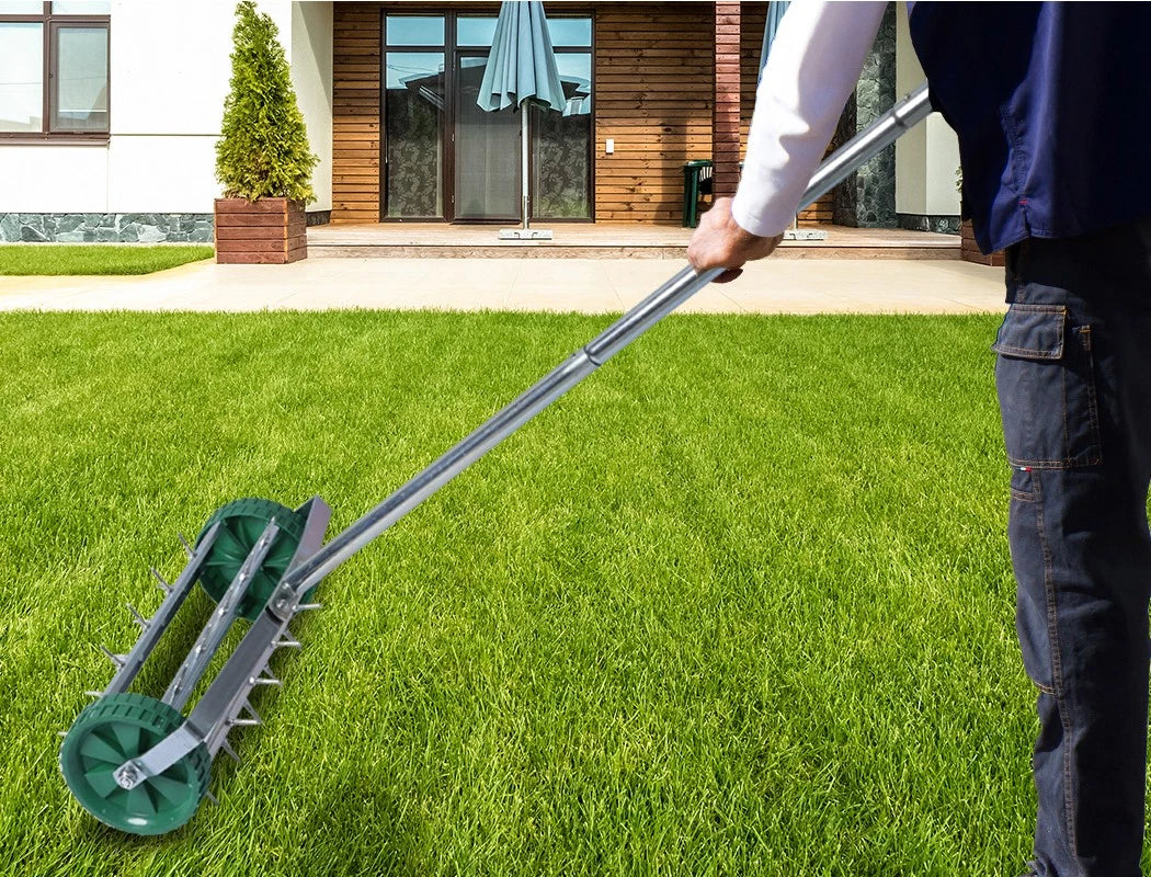 Lawn Aerator Roller Heavy Duty Garden w/ Metal Handle 27 Soil Penetrating Spikes