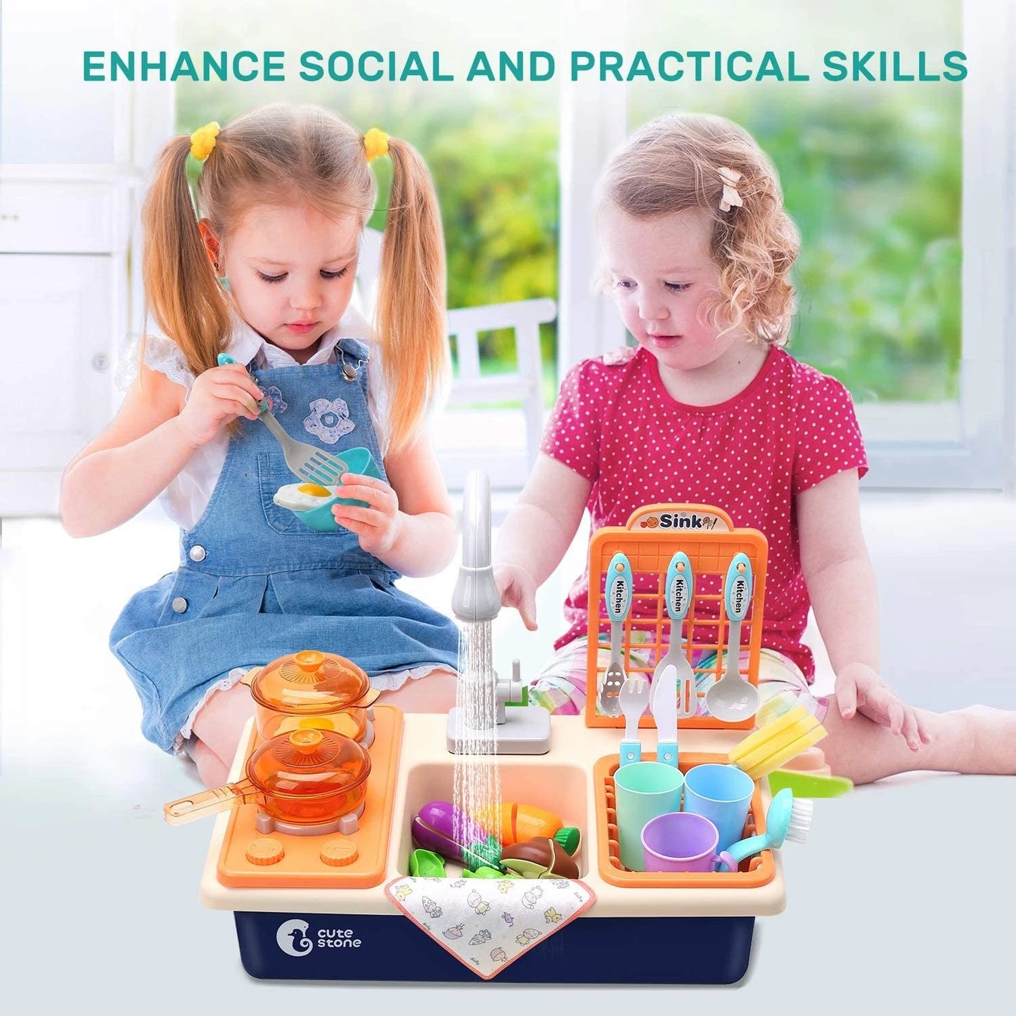 Cute Stone Pretend Play Kitchen Sink Toys Play Cooking Stove Pot Pan Tableware