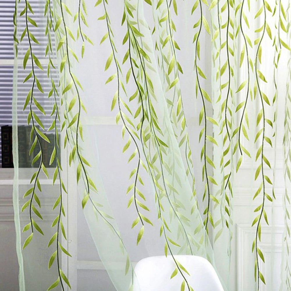 Willow Twigs Voile Sheer Door Window Curtain Drape Green Wall Decor
