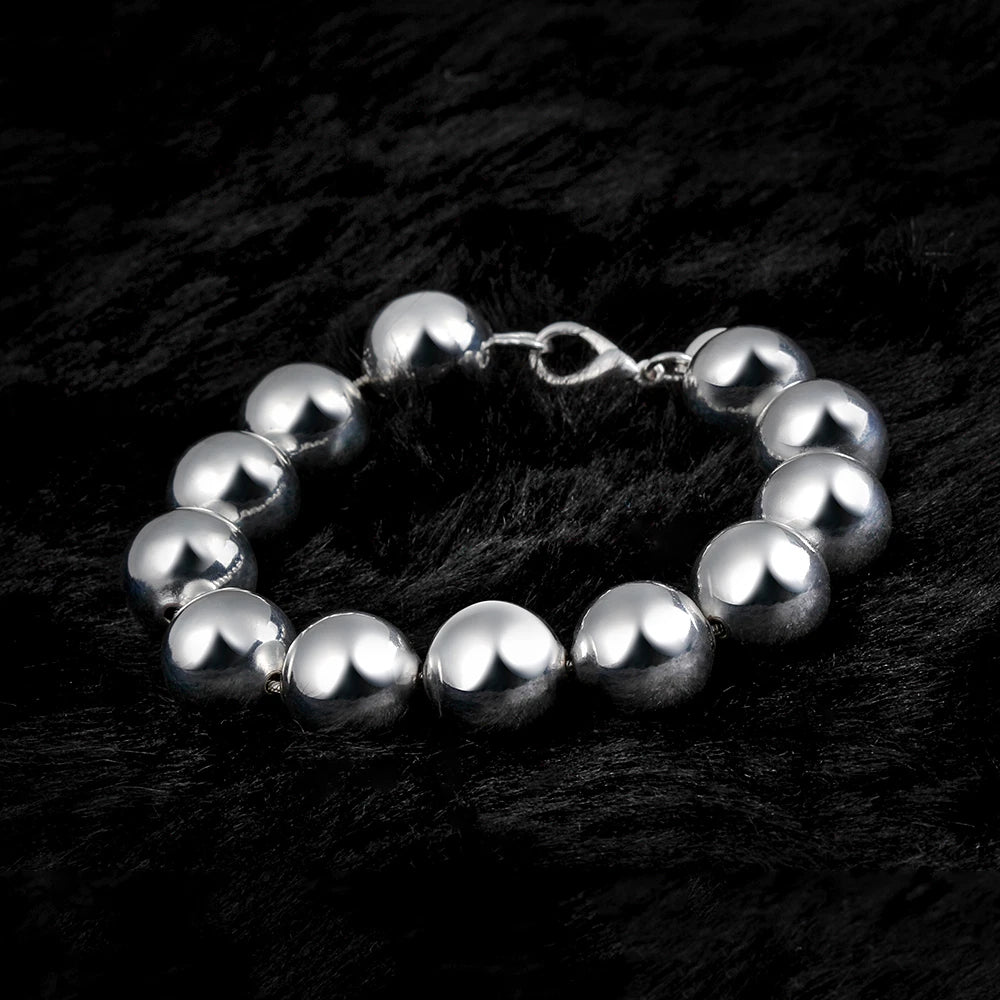 Women Man 925 Sterling Silver Filled 14mm Big Ball Chain Bead Bracelet Jewelry