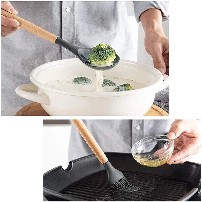 Set of 12 Silicone Utensils Set Wooden Cooking Kitchen Baking Cookware +2 Free