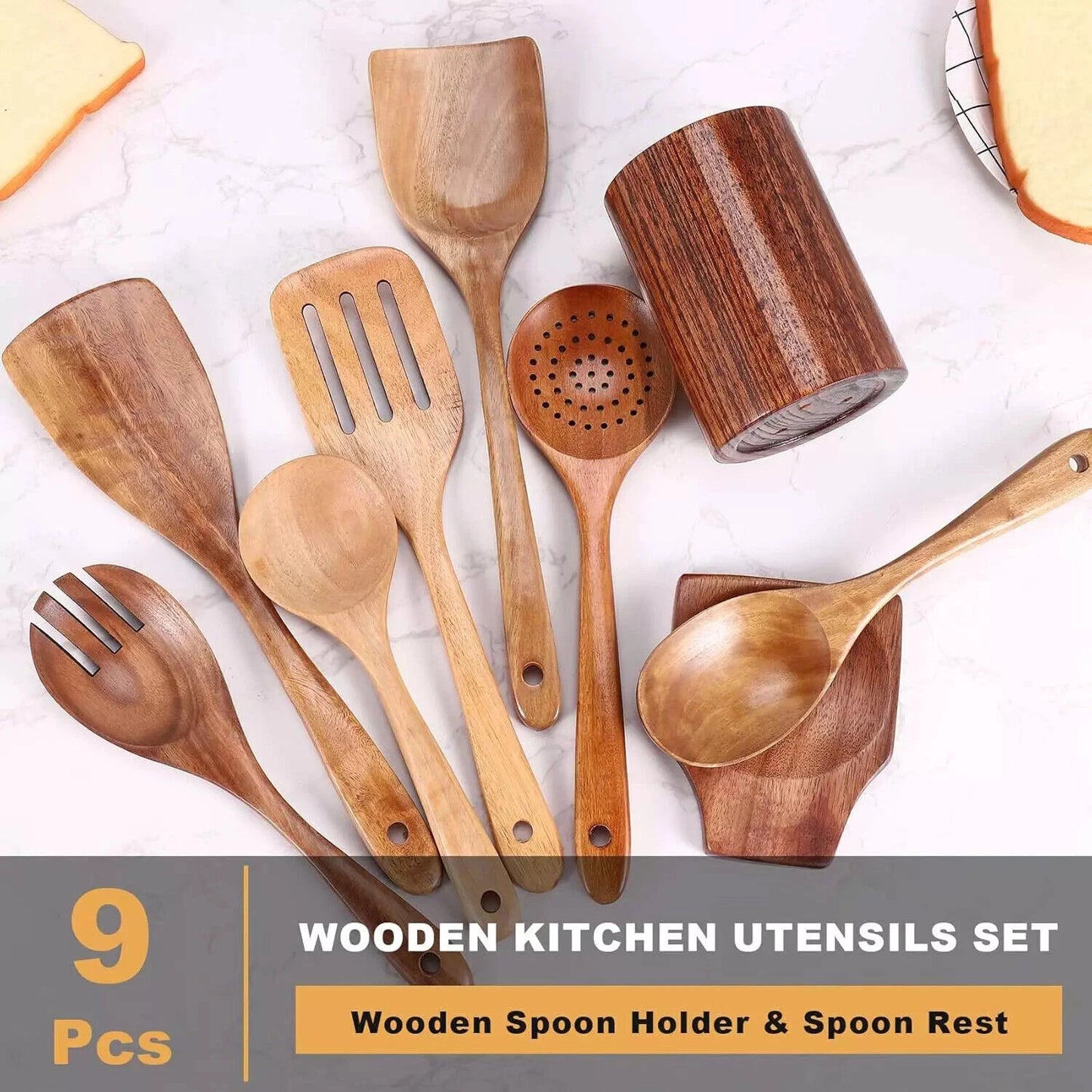 Natural Wooden Kitchen Utensil with Spoon Rest Holder 9pcs Cooking Spoon Set