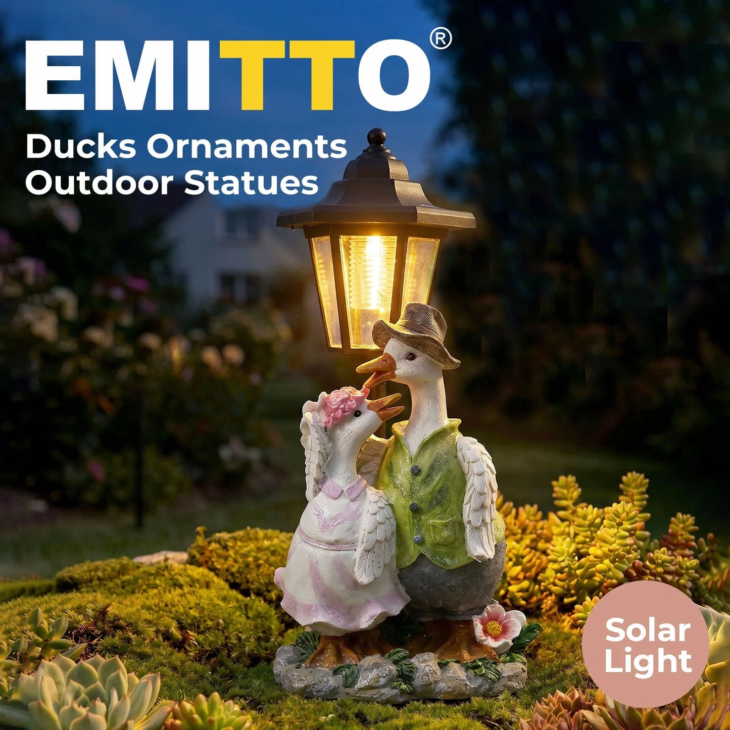 Emitto Duck Statue Solar Light Garden Resin White Green Pink