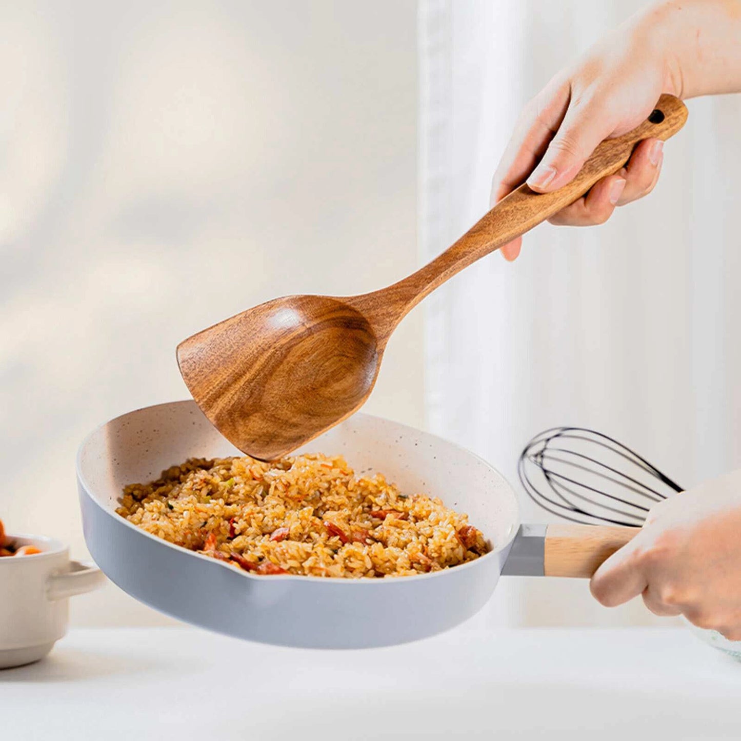 Natural Wooden Kitchen Utensil with Spoon Rest Holder 9pcs Cooking Spoon Set