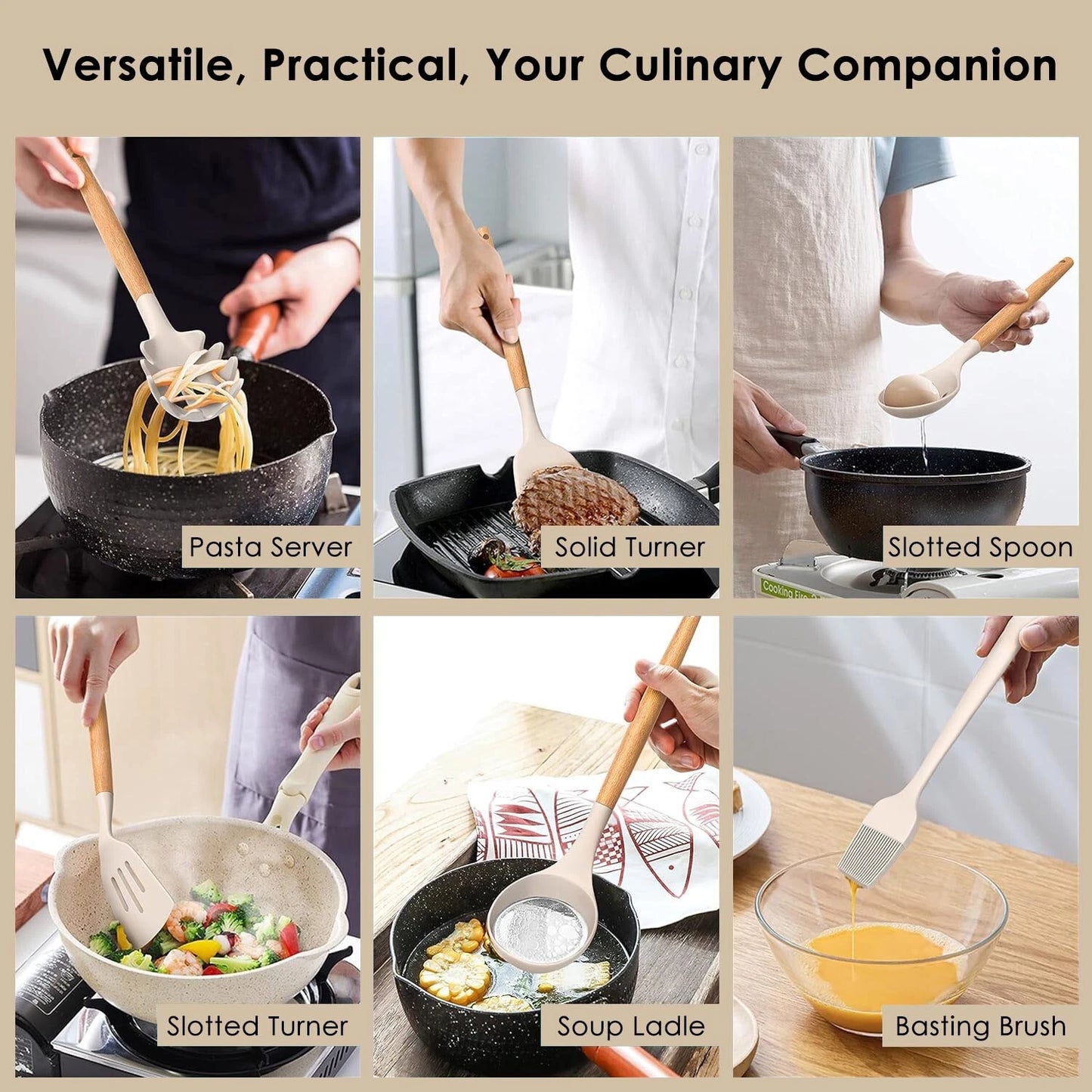Set of 36 Silicone Utensils Set Wooden Cooking Kitchen Baking Cookware 2 Colours