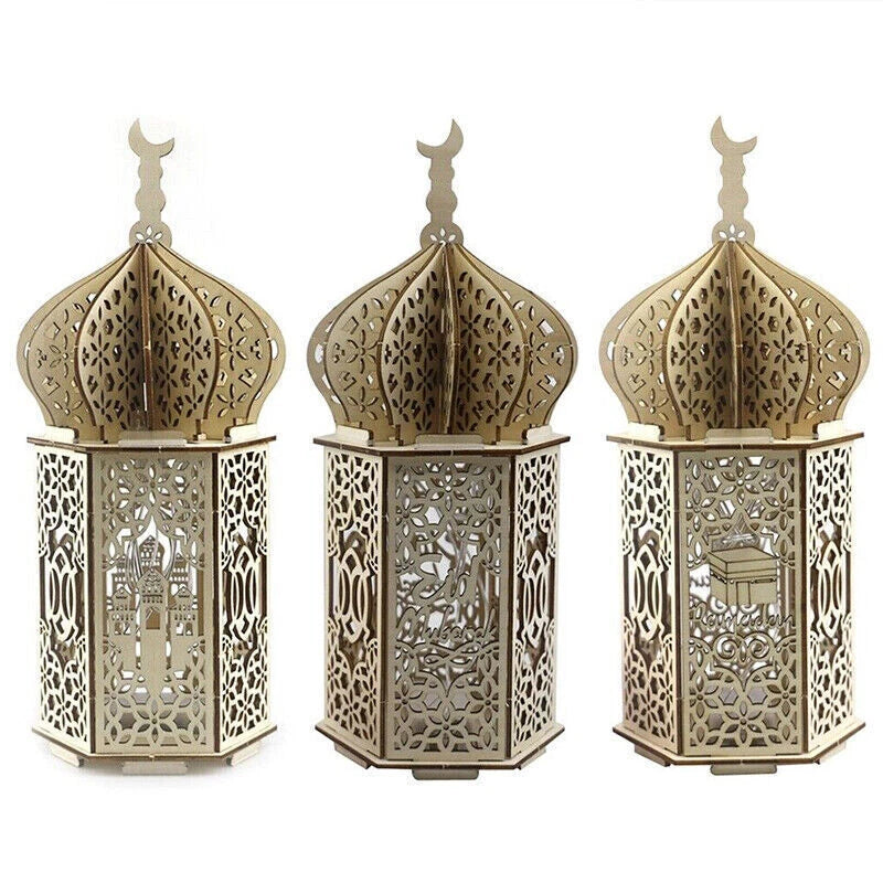Eid Mubarak Muslim Led Night Lamp Ramadan Decoration Light Wooden Lantern Gift