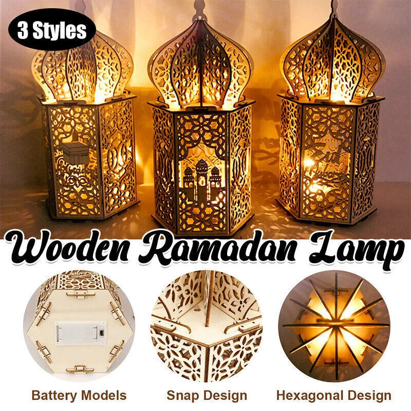 Eid Mubarak Muslim Led Night Lamp Ramadan Decoration Light Wooden Lantern Gift