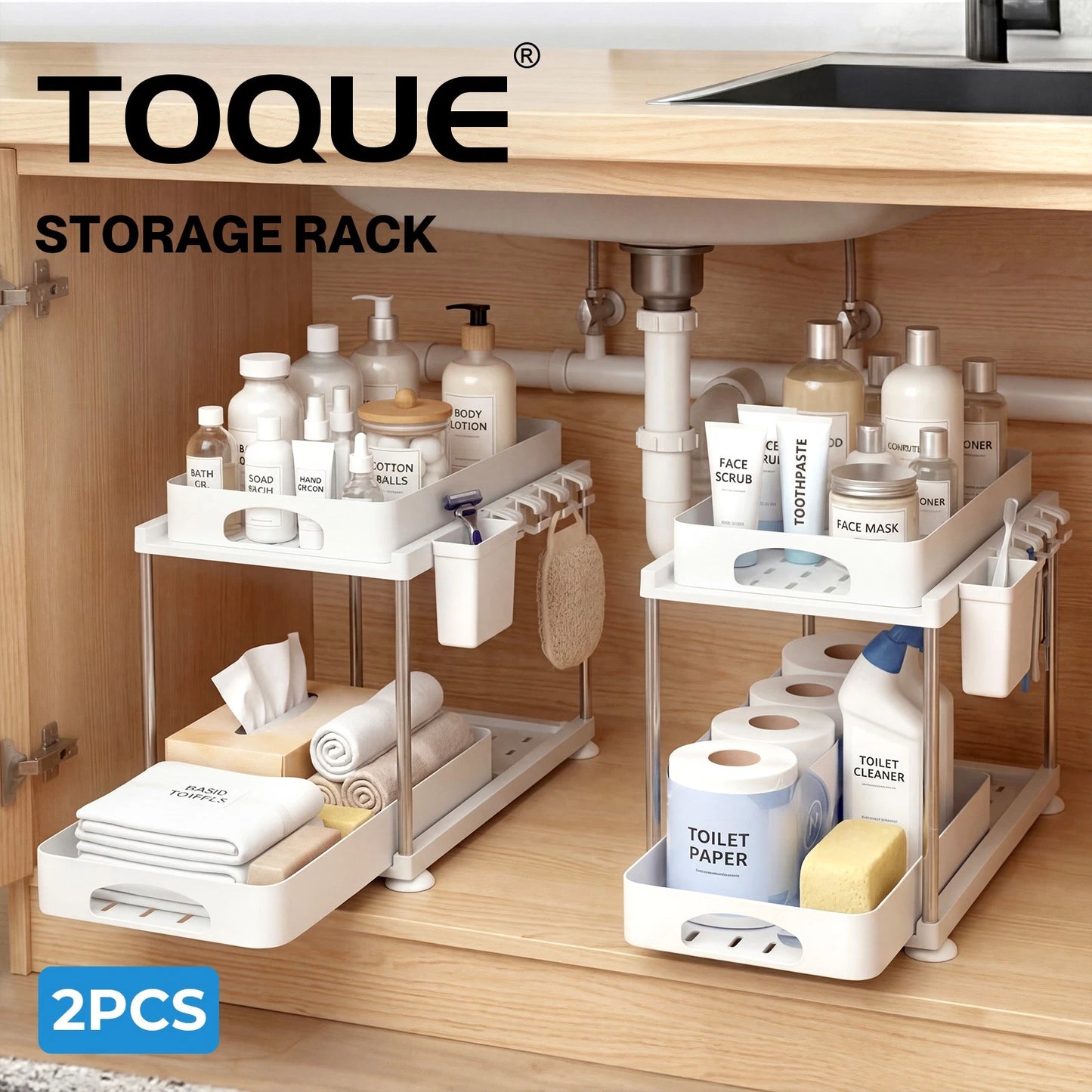 Toque 2 x Under Sink Organizer 2 Tier Cabinet Storage Rack Adjustable Kitchen